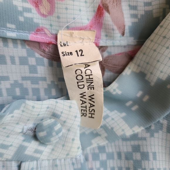 Vintage 1970s Semi Sheer Long Sleeve Blue Pink Floral Print Secretary Dress 12 - Picture 9 of 10